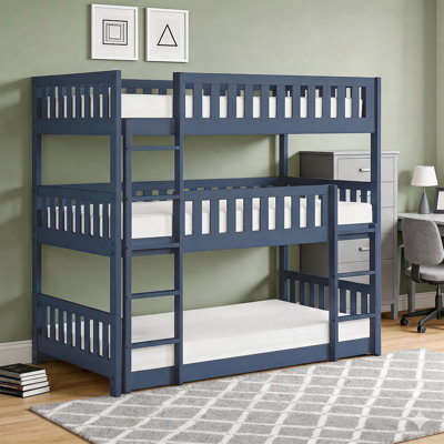 Vasselle Transitional Wood Triple Bunk Bed with Protective Guard Rails, Integrated Ladders & Convertible Design