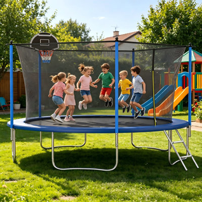 Trampoline 14 pi approuvé par l'ASTM pour enfants et adultes, trampoline récréatif d'extérieur avec filet de sécurité et panier de basketball