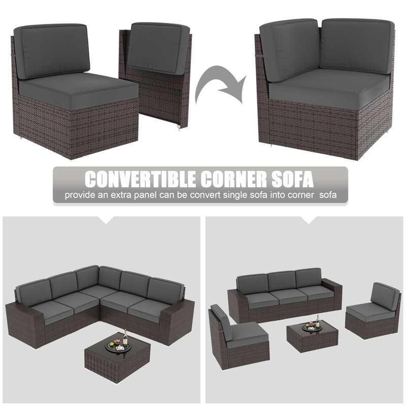 6 Pieces Patio Furniture Set, Modular Sectional Outdoor Conversation Sofa Set, Grey, Brown