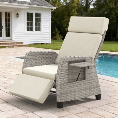 Fauteuil inclinable d'extérieur réglable avec dossier inclinable à 150°, structure en osier résistant aux intempéries, coussins épais amovibles, supportant jusqu'à 180 kg (kaki)