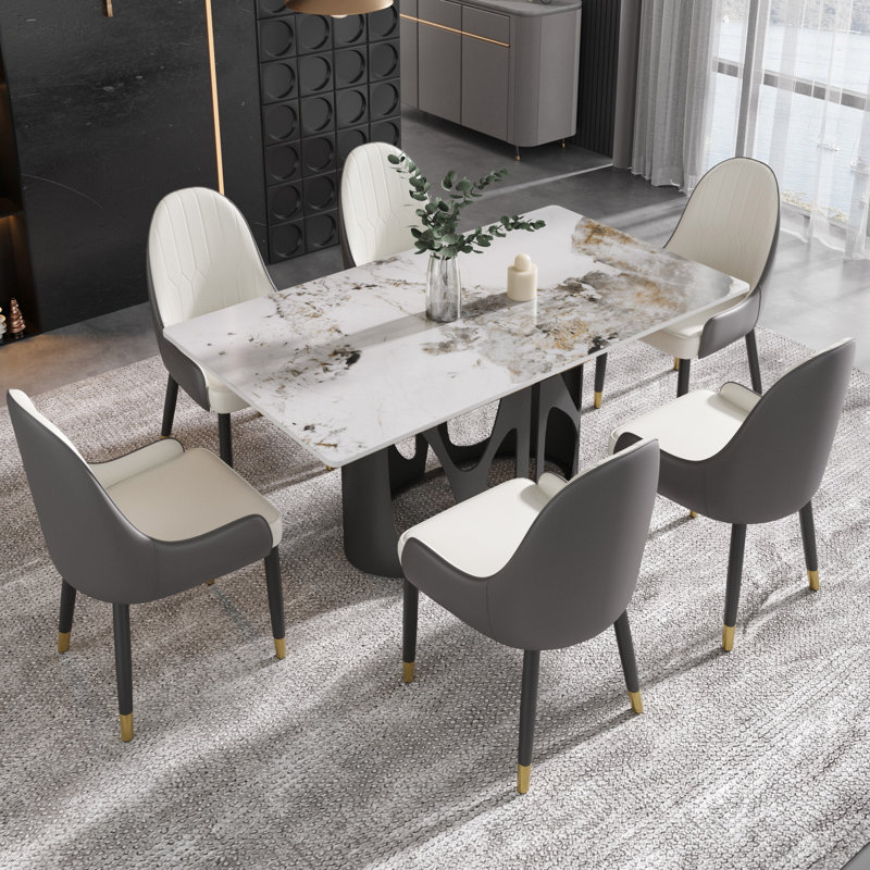 Juvan 62.99" Modern 7-Piece Rectangular Marble Dining Table Set With 6 Faux Leather Chair, Beige