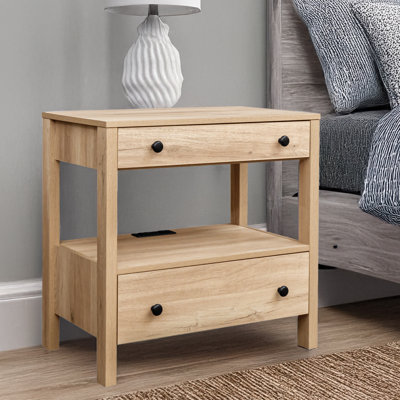  Nightstand with Charging Station, Wood Storage End Table with 2 Drawers & Open Shelf, Modern Bedside Table with USB Ports and AC Outlets for Bedroom, Living Room, Weathered Timber
