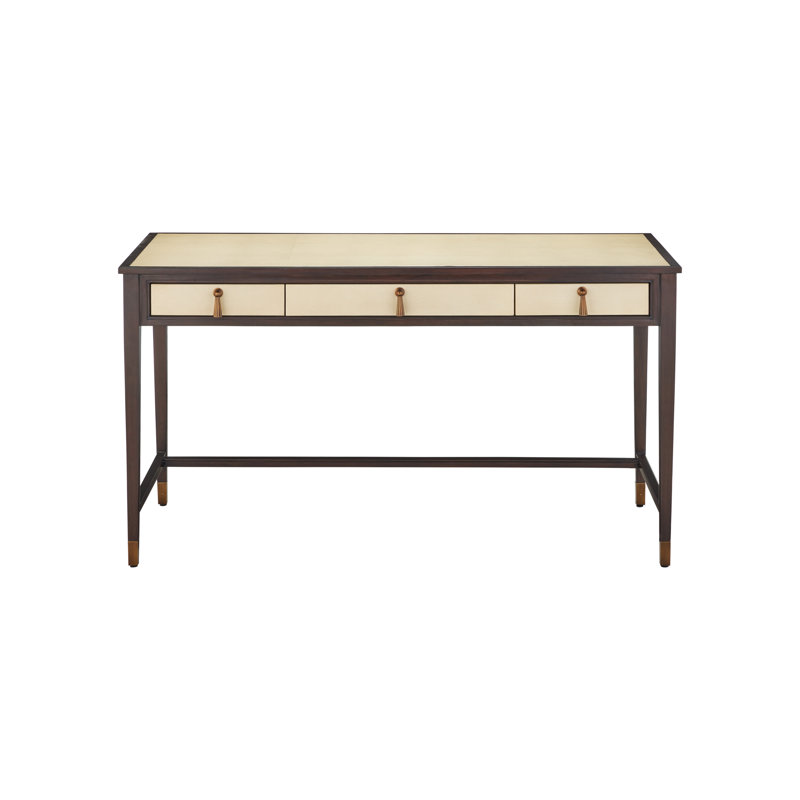 Evie Solid Wood Writing Desk, Ivory, Dark Walnut, Brass