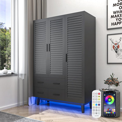 Armoire penderie 3 portes avec tiroirs et lumières DEL, tablettes à plusieurs niveaux, tringle