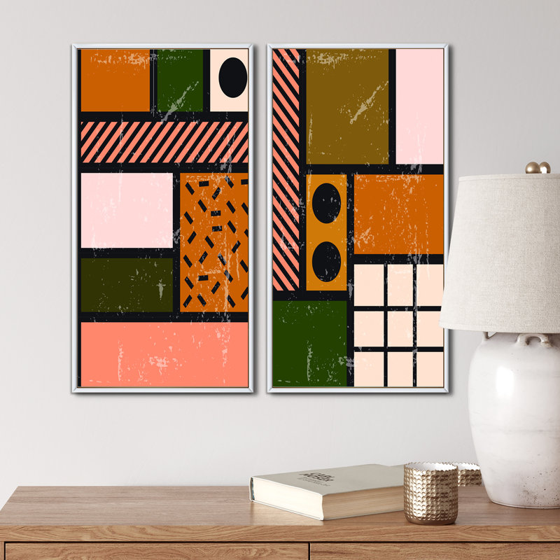 Minimal Abstract Shapes in Retro Colors IV - ensemble de 2 impressions, H 32 po x l 32 po x P 1 po, Toile avec cadre blanc