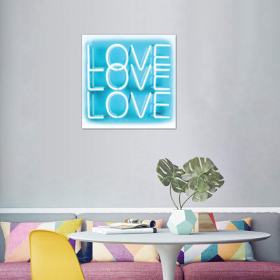 Neon Love Love Love Aqua On White by Hailey Carr - Wrapped Canvas Print
