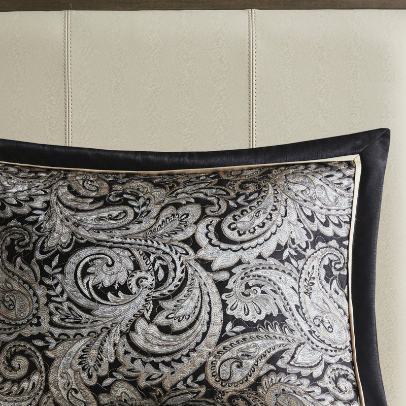 Couvre-lit 5 pièces pour grand lit - noir avec détails de broderie et bordure unie taupe, Black
