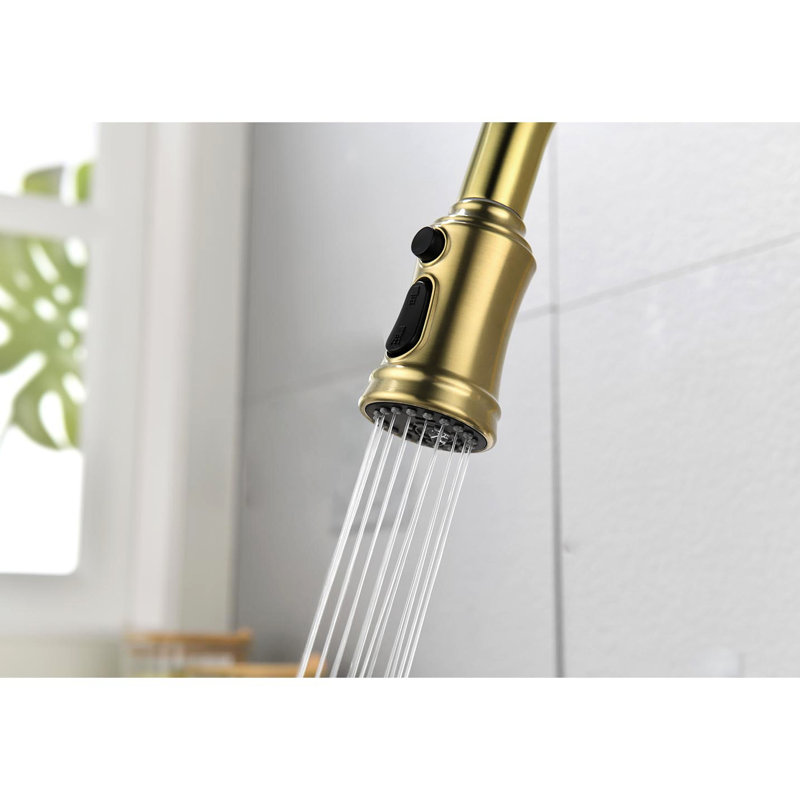 Robinet de cuisine en or brossé avec douchette rétractable - Acier inoxydable 3 sorties d'eau, jet simple et facile d'entretien