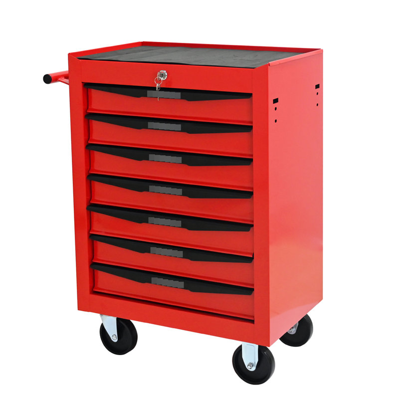 Armoire à outils en métal à 7 tiroirs en rouge et noir, acier laminé à froid, glissières à roulement, capacité de charge de 15 kg, 4 roulettes pivotantes avec chariot verrouillable, charge rouge et noire,
