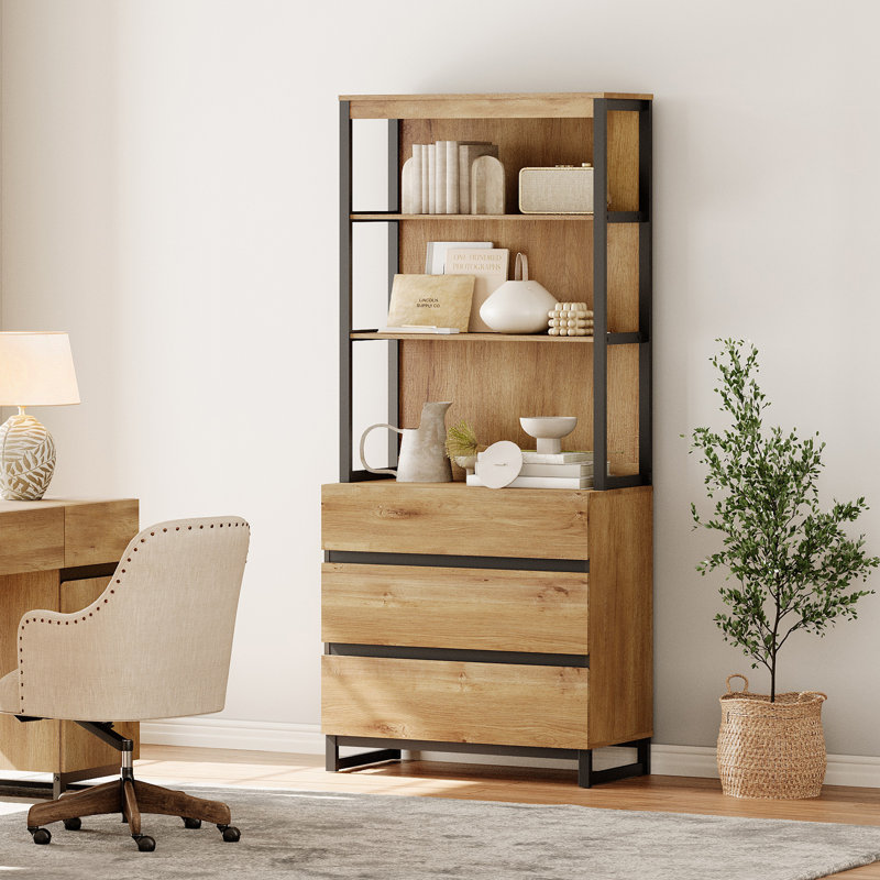 Aadam Modern 72" Tall Bookcase With 3 Drawers And Open Book Shelfs, Library Book Shelf With Storage Cabinet, Wood Freestanding Bookshelf