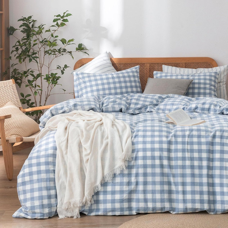 Ensemble de literie BESTOUCH à carreaux vichy, 100 % coton lavé, toucher lin, doux, respirant, léger, fermeture éclair invisible et 8 attaches