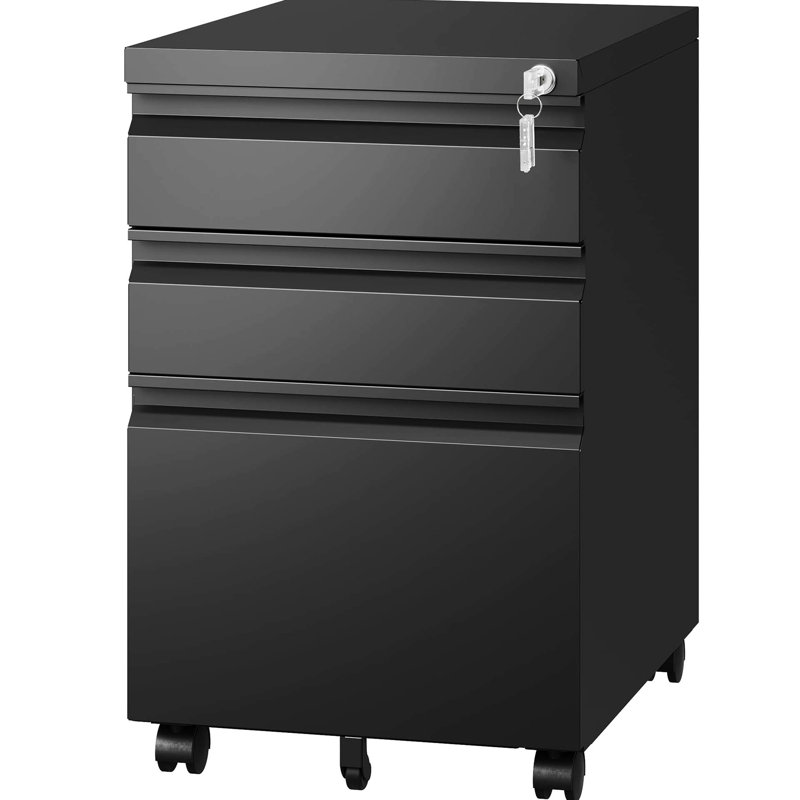 3 Drawer Mobile File Cabinet, Metal, Black, Fully Assembled, Secure Office Documents, Smooth Wheels Black Metal Lockable Equipment Storage, Modern Design Selected