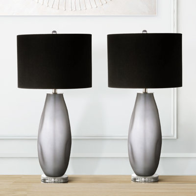 Clytee Living Room Table Lamp with Glass Base, Bedside Buffet Lamp with Velvet Shade
