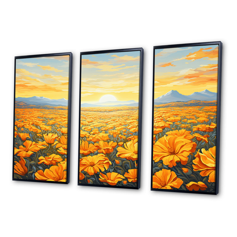 Radiant Sunshine Marigold Flowers III - ensemble d'art mural champ de fleurs, Cadre flottant noir, H 32 po x l 48 po x P 1 po