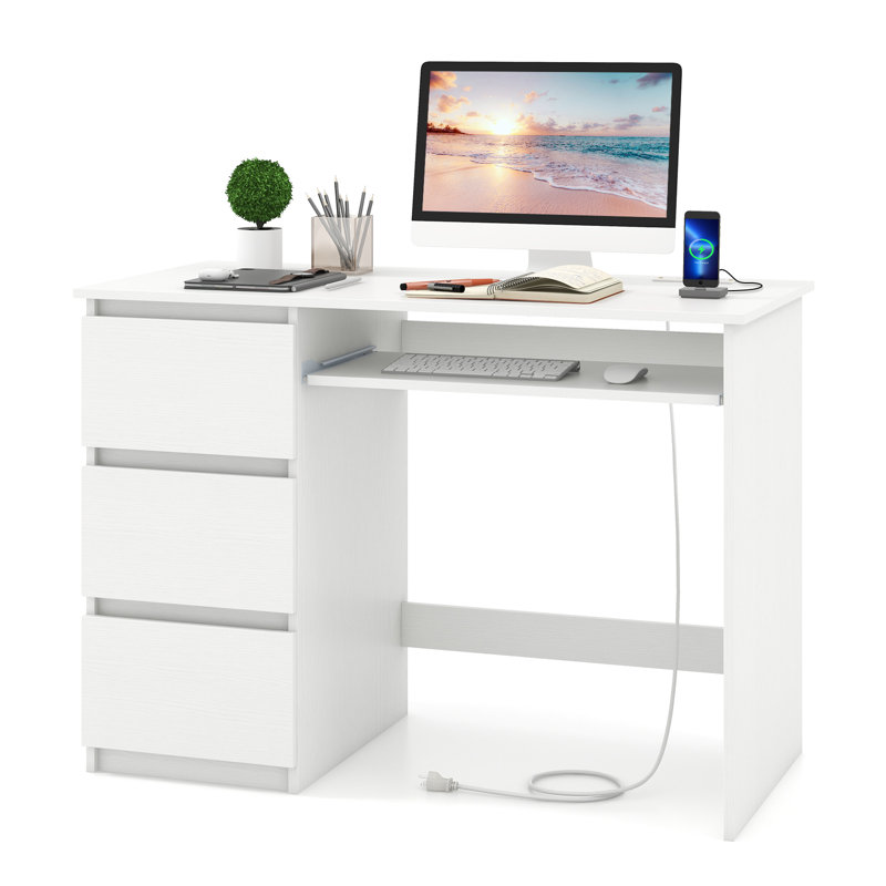 Computer Desk With Power Outlet Keyboard Tray & 3 Large Drawers Type-c & Usb Ports, White