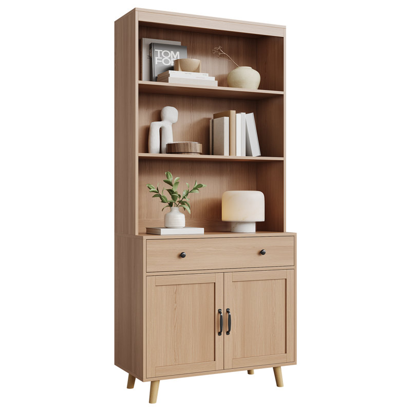 Versatile Wooden Bookshelf with Doors & Drawer – 72.4" Tall, 6-Tier Freestanding Bookcase, Storage Cabinet with Open Shelves, Perfect for Living Room, Bedroom, Office, Kitchen – Natural Wood