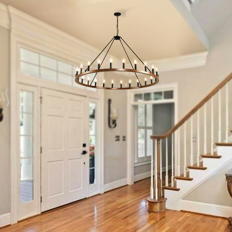 Edwar 16 - Light Stainless Steel Dimmable Wagon Wheel Chandelier, Black/Wooden