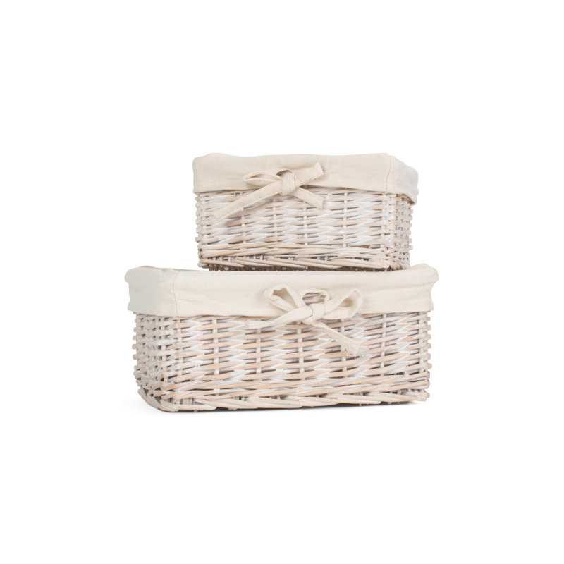 2 Piece Wicker Lined Storage Basket Set, White Wssh