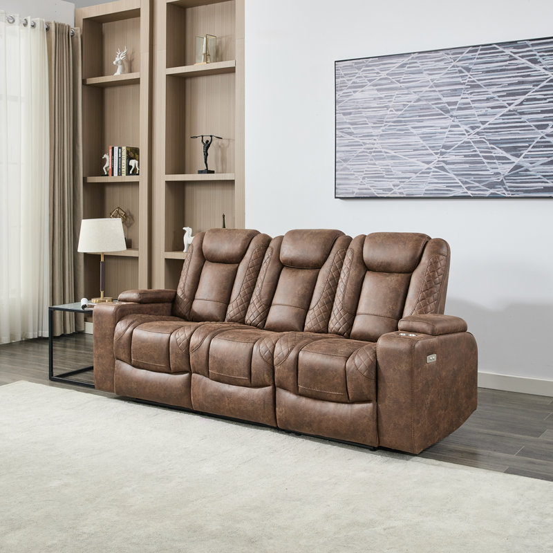 Bhopinder 3 Seater Linen Electric Reclining Sofa, Brown Fabric