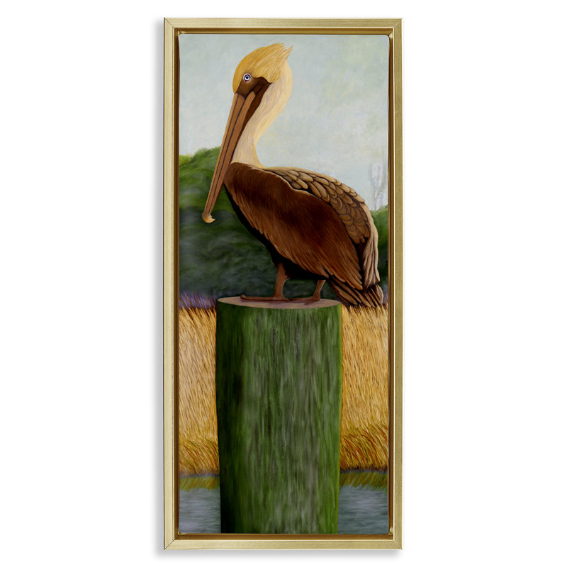 Cadre flottant pélican aux yeux bleus, design par Barbara Fallenbaum, H 25 po x l 11 po, Cadre flottant métallique doré