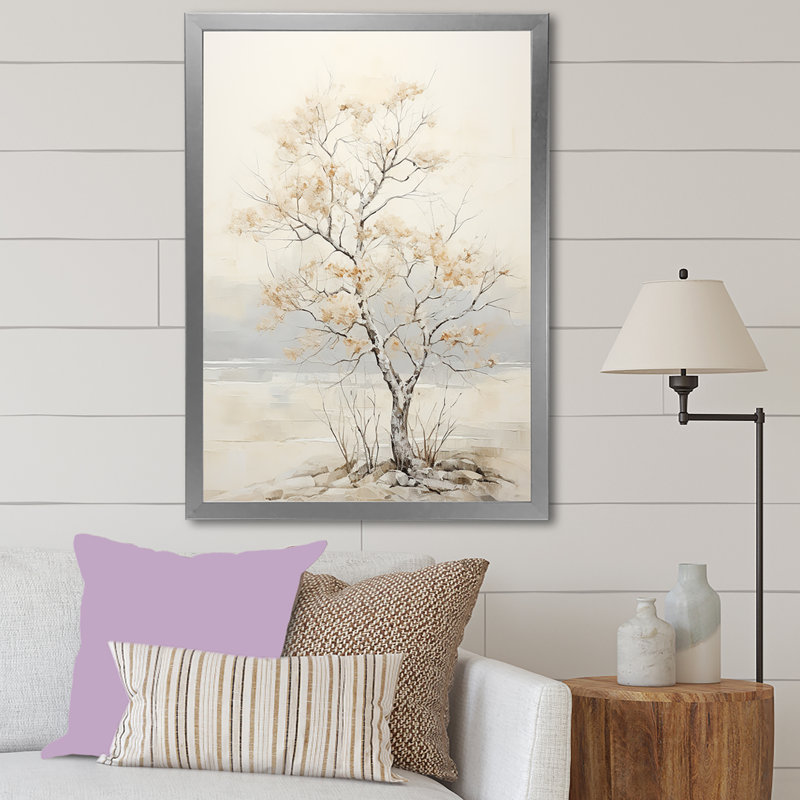 «Minimalisme», arbre d'érable beige Melody I sur toile, H 32 po x l 24 po x P 1 po, Cadre photo argenté