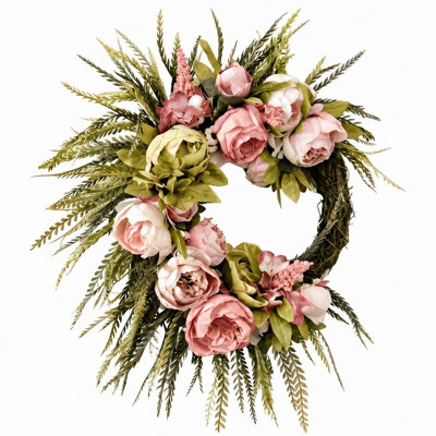 21.6 Inch Front Door Wreath for Spring and Summer, Featuring Pink Peony Artificial Flowers with Lush Greenery, Natural Rattan Base Floral Door Decor, Farmhouse-style Wreath for Year-round Indoor and Outdoor Front Door Decoration