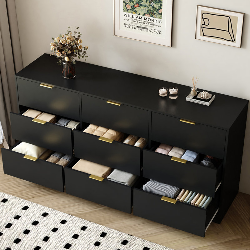 Commode 9 tiroirs 63 po pour chambre, Noir