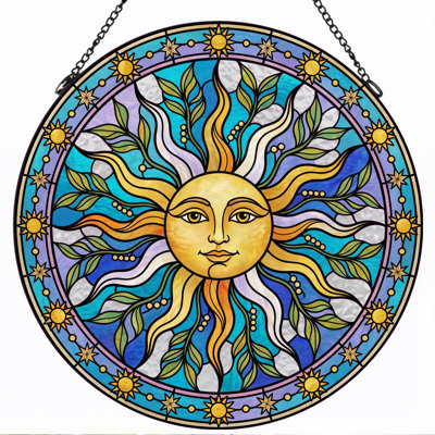 Sun Face Stained Glass Window Panel，12"H