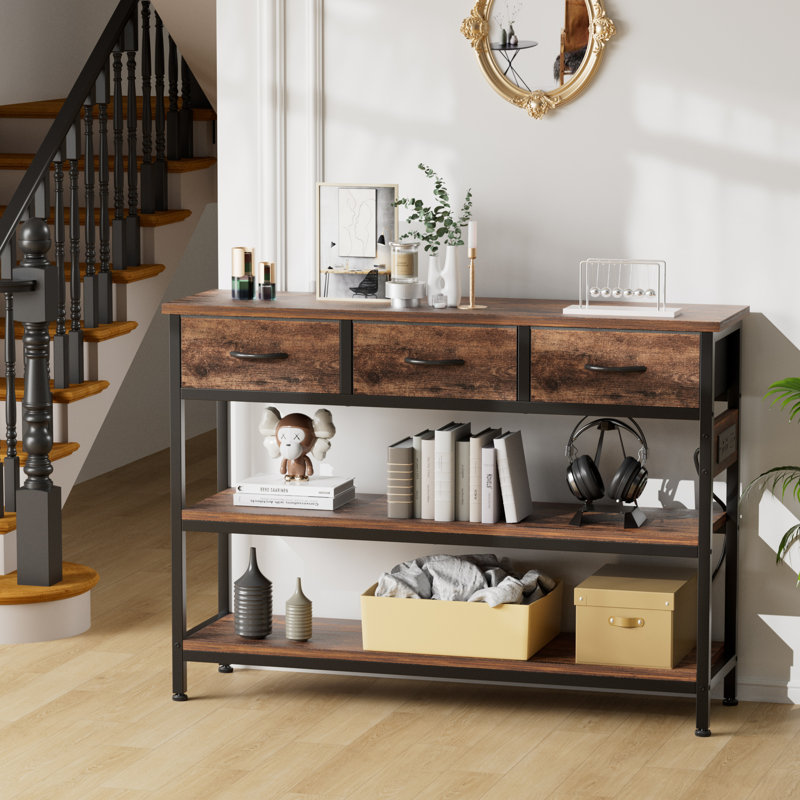 3-Tier Console Table With Charging Station & 3 Fabric Drawers,43.3'' Entryway Table With Storage Drawers And Open Shelves, Narrow Sofa Table With USB Ports And Outlets, Adjustable Feet, And Modern Design For Hallways, Living Rooms, And Small Spaces
