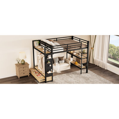 Structure de lit double pleine grandeur avec garde-robe, lit mezzanine en métal avec tablettes de rangement et panneau perforé, noir