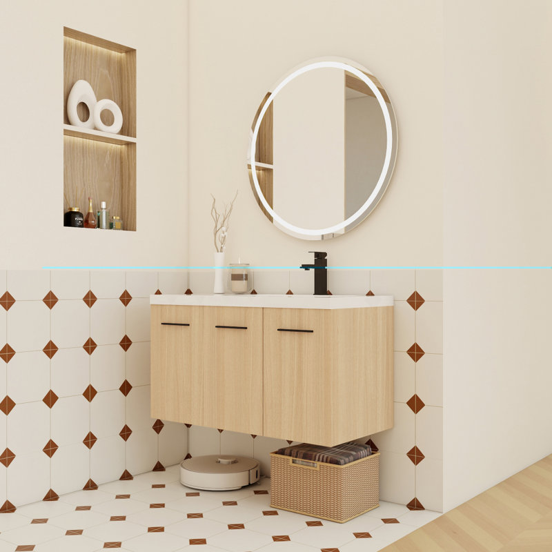 Meuble-lavabo flottant mural 36 po avec lavabo 36 po, chêne clair, armoire modulaire à 3 portes (2 portes + 1 porte), plateau de lavabo intégré avec revêtement en gel, 3 boîtes, prêt à assembler