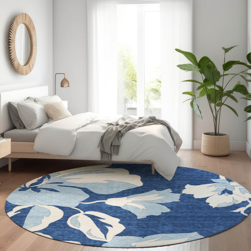 Premium Machine Washable Prisco Navy Rug, Round 8'