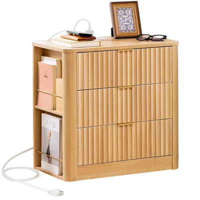 Modern Nightstand With 3 Drawers And Side Storage Shelves, Charging Station, End Table Bedside Table For Bedroom, Curved Profile Design, (Oak) by Mercer41