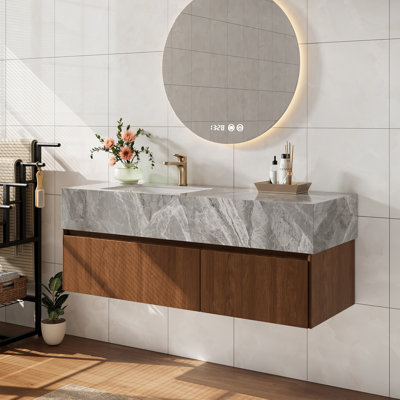 48'' Modern Luxury Bathroom Cabinet with Grey Sintered Stone Top, Brown Floating Bathroom Vanity with U-Shaped Cutout Drawer