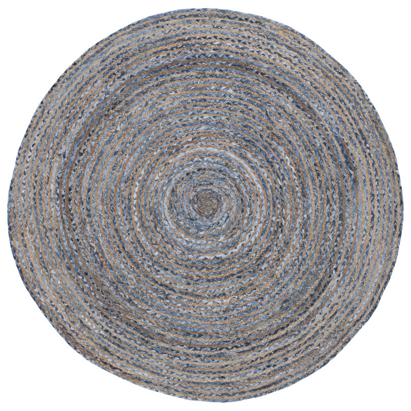 Tapis bleu / naturel tissé à plat à la main Demar, Rond 3 pi