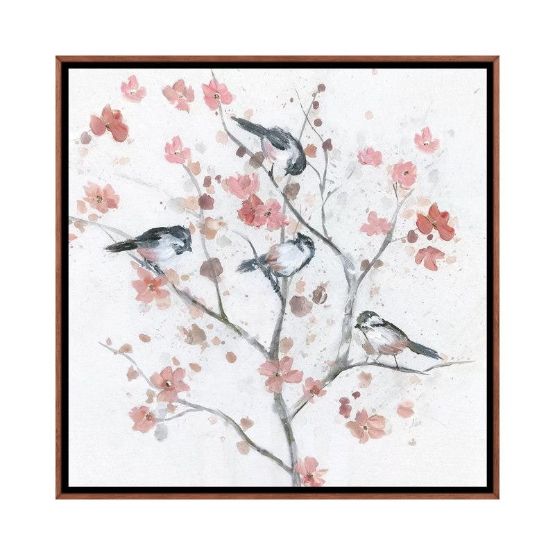 Chickadees In Spring II par Nan - reproduction, H 18 po x l 18 po x 1,5 po, Cadre brun classique, Pas de tapis