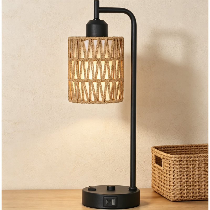 Ensemble de 2 lampes de table Touch Control Boho à 3 lumières à intensité variable avec ampoules DEL, lampe de chevet en rotin avec ports USB et prise de courant pour chambre à coucher, salon et bureau à domicile