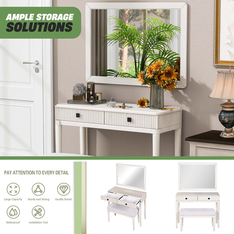 Bureau de coiffeuse moderne avec miroir, ensemble de table de maquillage, tabouret, bureau personnel, 2 tiroirs, blanc