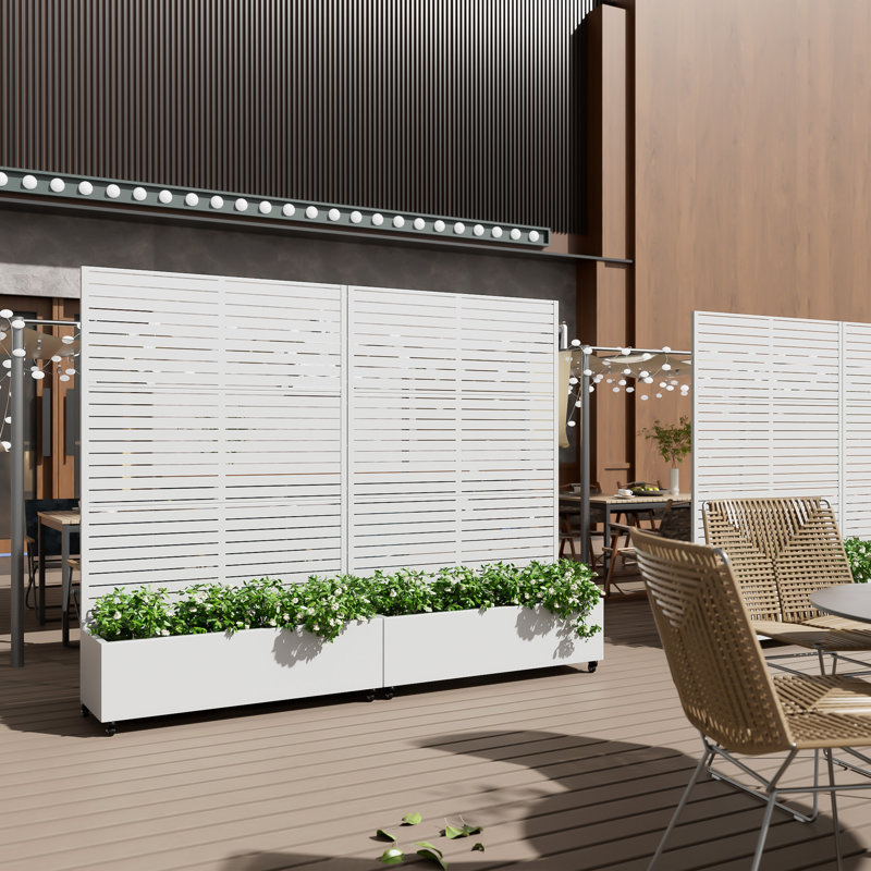 Metal Planter Box privacy screen Garden Bed with Trellis and Wheels, White, 72" H x 47" W x 16" D