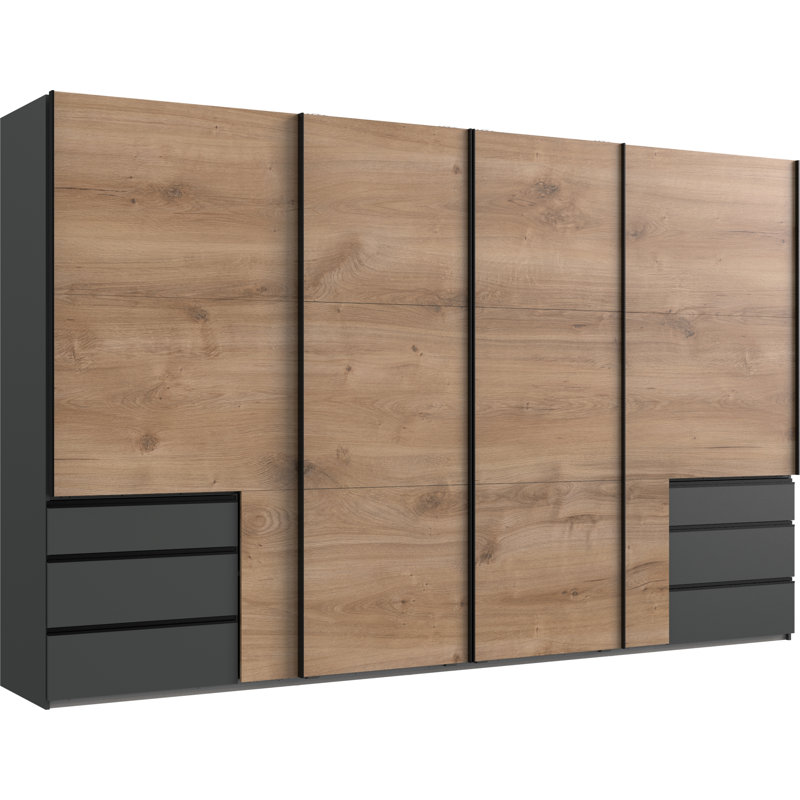 Guardino 4 Door Wardrobe, 216cm H x 350cm W x 65cm D, Plank Oak/Graphite