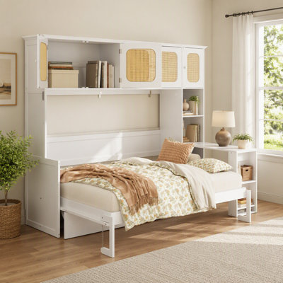 Lit escamotable double avec bureau et armoires en rotin, lit mural peu encombrant pour le bureau personnel