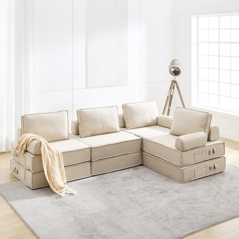 4-Piece Chamois Leather Sectional- No Assembly Required Sofa, Beige Leather Match
