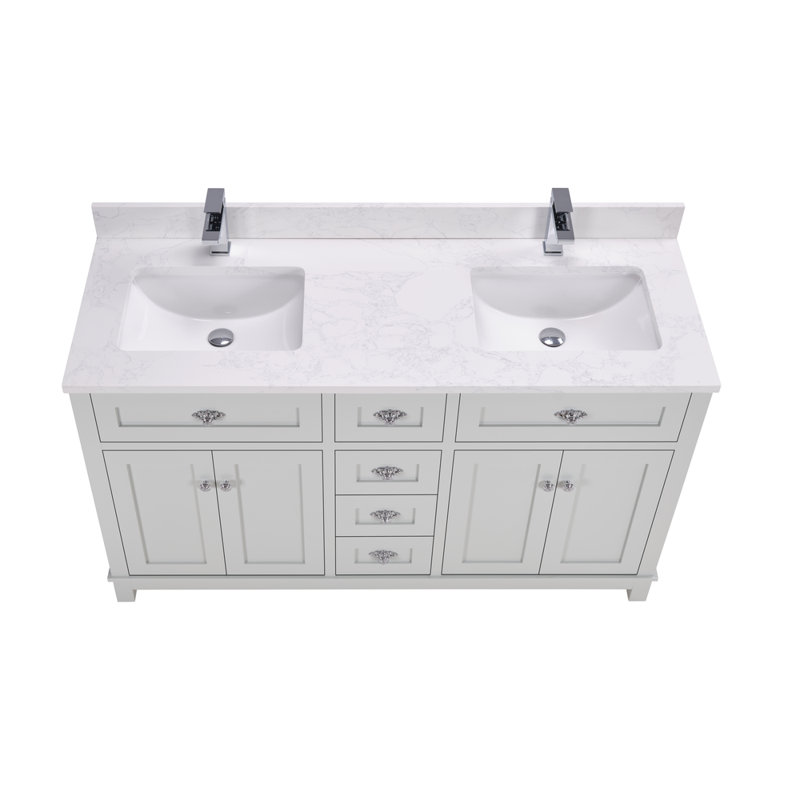 60" Finish Solid Wood Sink Vanity With 1' Artificial Stone Top, Silver Strand, Polished Chrome