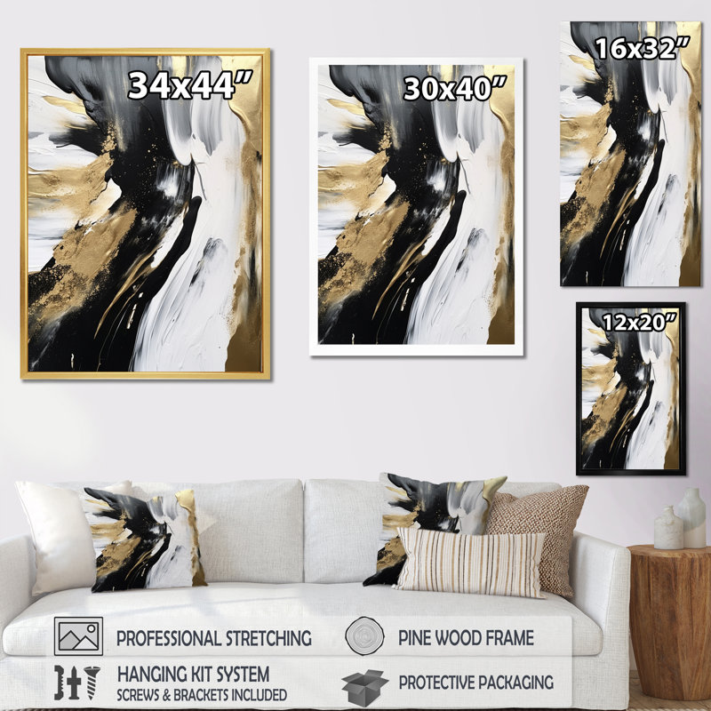 Organic Bliss Minimalisme, peinture dorée et noire - peinture abstraite, impressions d'art mural, H 32 po x l 24 po x P 1 po