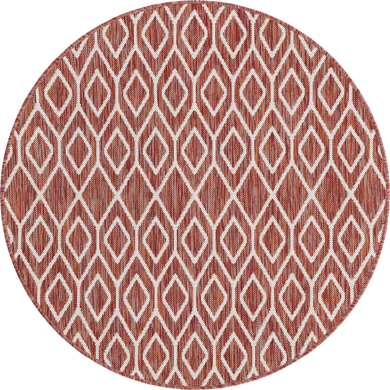 Yettem Abstract Indoor / Outdoor Rug, Round 4', Rust Red