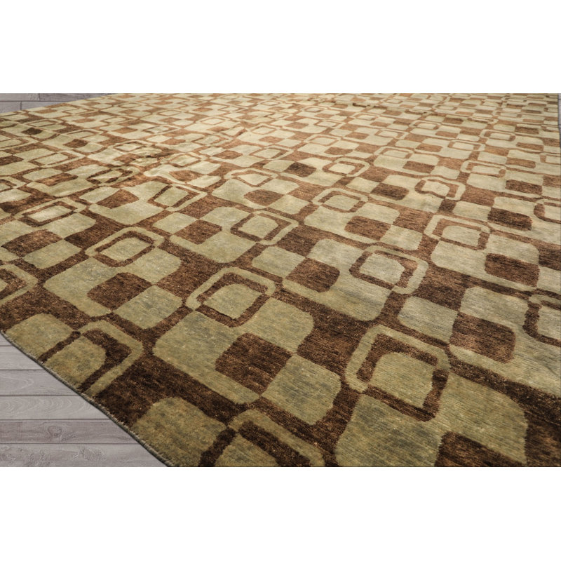 Tapis art déco brun en laine noué à la main 9 pi 11 po x 13 pi 6 po