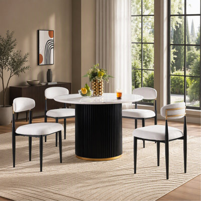 46 Inch Round Faux Marble Dining Table, Black Wave Metal Base With Gold Decoration - Accommodates 4 People For Kitchen & Dining Room