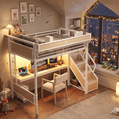 Lit mezzanine en métal avec bureau intégré AVELOR, lumières DEL, escalier de rangement et panneau perforé pour enfants