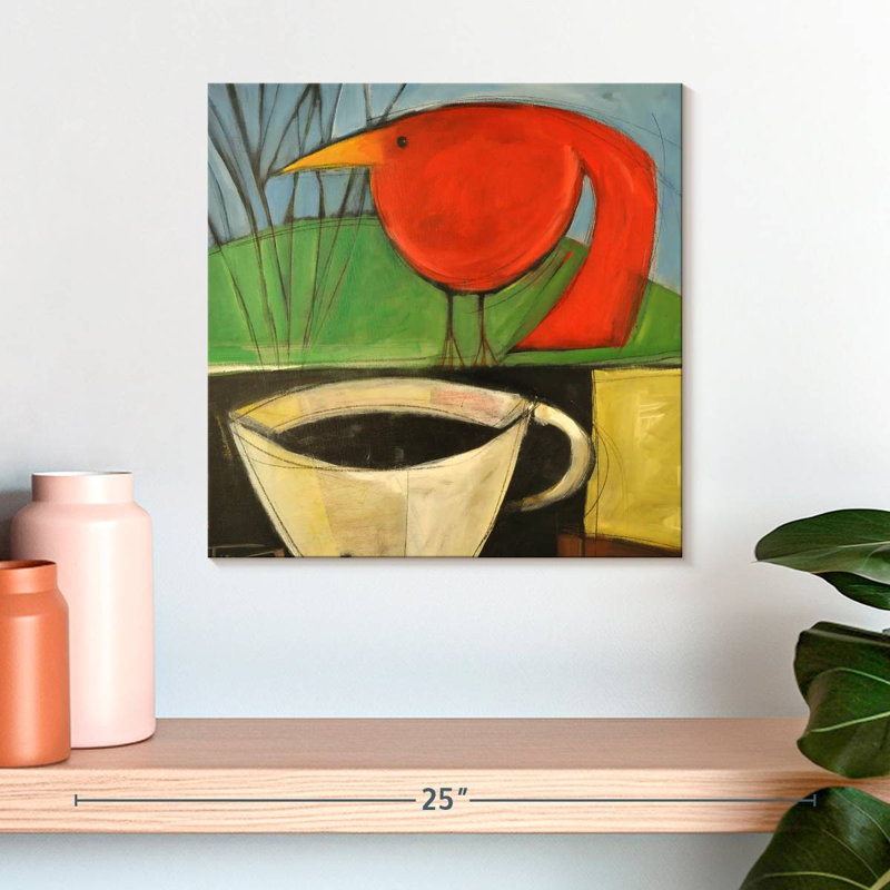 Café Brampt et oiseau rouge, H 16 po x l 16 po