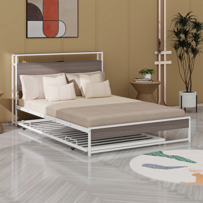 Metal Platform Bed Frame With Trundle, USB Ports And Slat Support